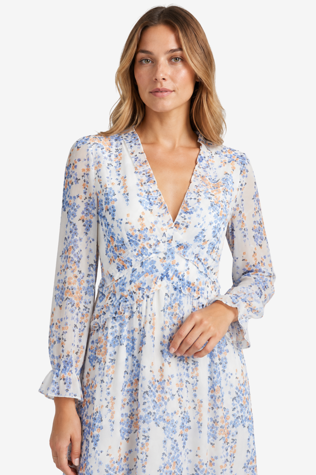 NOMU | Women's Floral Midi Dress – V Neck Long Sleeve Ruffle Trim Design
