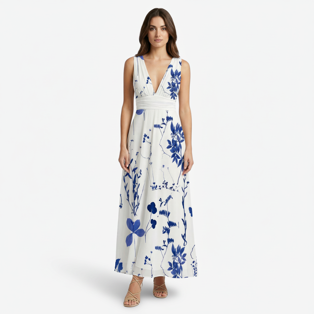 NOMU | Women's Floral V-Neck Maxi Dress – Elegant Sleeveless Flowing Summer Dress