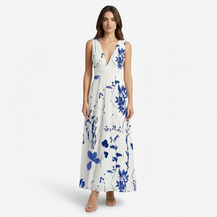 NOMU | Women's Floral V-Neck Maxi Dress – Elegant Sleeveless Flowing Summer Dress