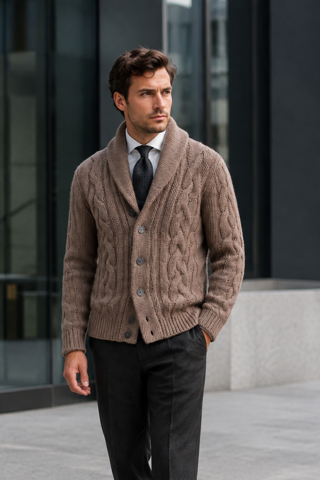 NOMU | Men's Cable Knit Cardigan – Shawl Collar Button Front Design