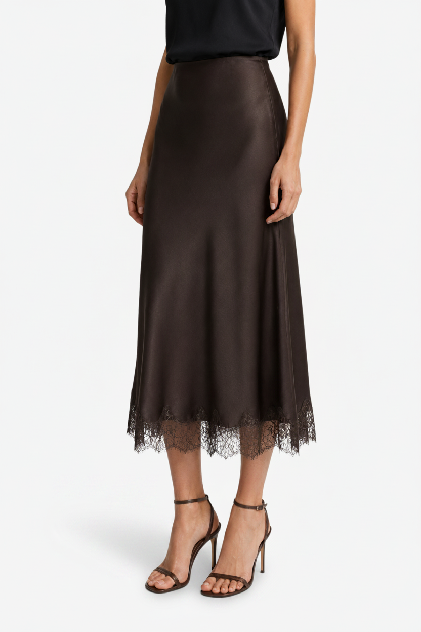 NOMU | Women's Satin Midi Skirt – Elegant Lace Trim Slip Skirt