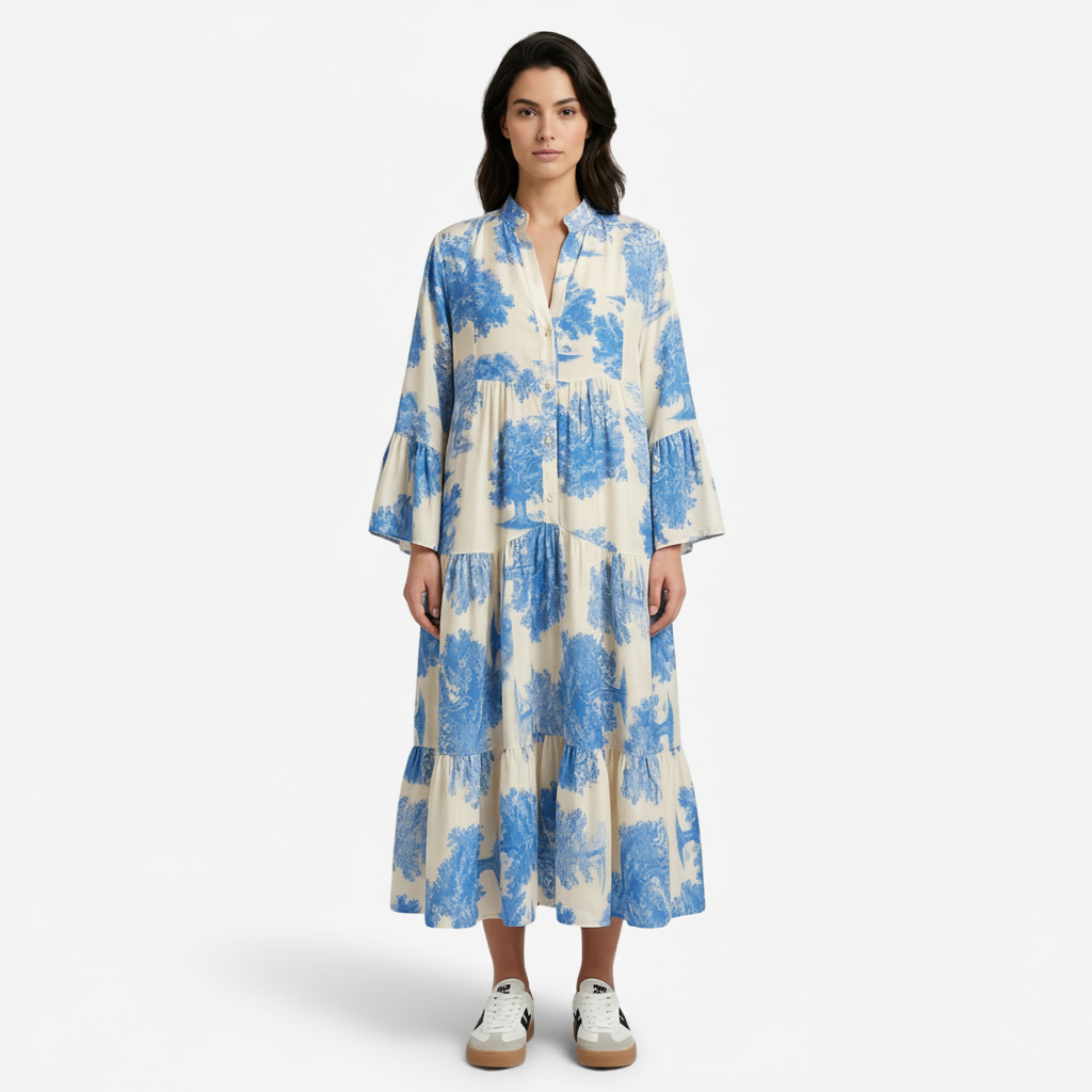 NOMU | Women's Vintage Floral Tiered Maxi Dress – Elegant Long Sleeve Flowing Dress