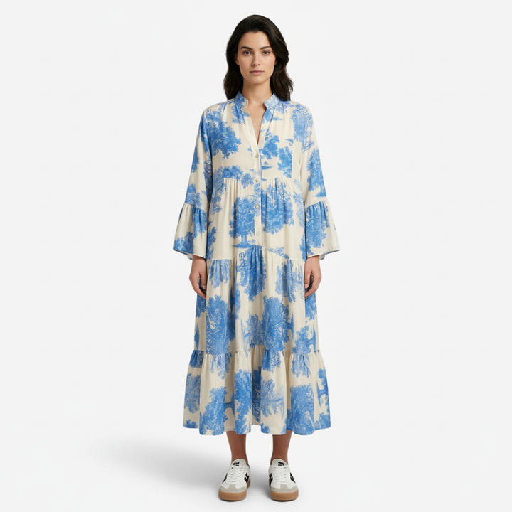 NOMU | Women's Vintage Floral Tiered Maxi Dress – Elegant Long Sleeve Flowing Dress