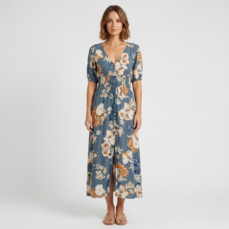 NOMU | Women's Floral Maxi Dress – V Neck Short Sleeve Relaxed Fit Design
