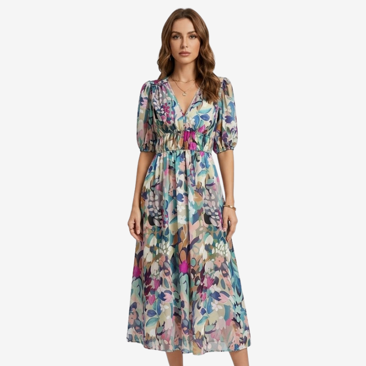NOMU | Women's Floral V-Neck Midi Dress – Elegant Puff Sleeve Flowing Dress