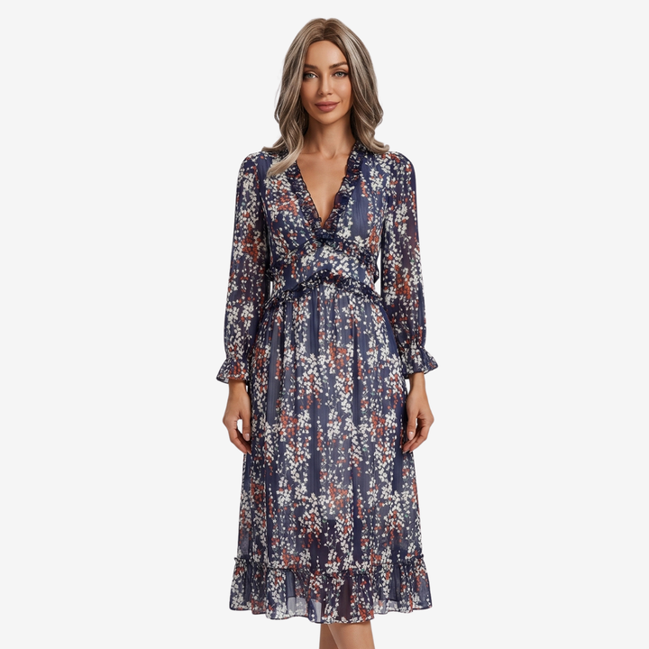 NOMU | Women's Floral Midi Dress – V Neck Long Sleeve Ruffle Trim Design