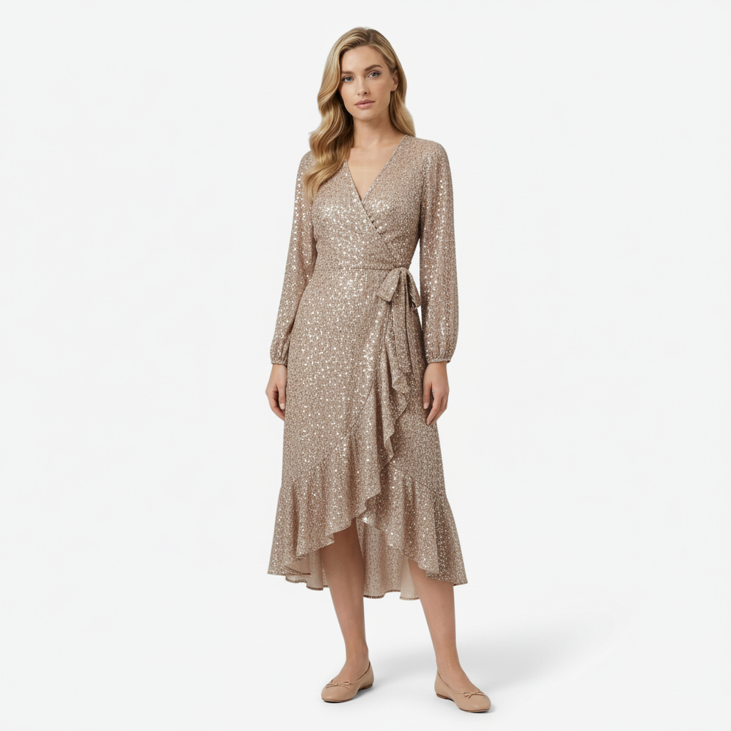 NOMU | Women's Floral Wrap Midi Dress – Long Sleeve Tie Waist Ruffle Hem Design