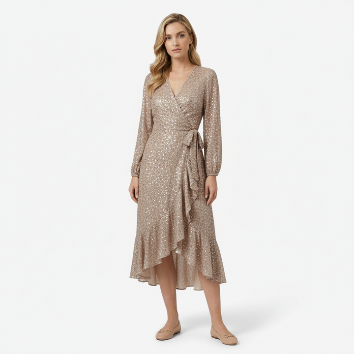 NOMU | Women's Floral Wrap Midi Dress – Long Sleeve Tie Waist Ruffle Hem Design