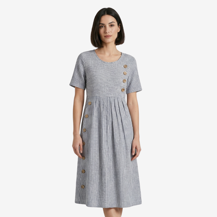 NOMU | Women's Striped Button Detail Midi Dress – Casual Short Sleeve Linen Look Dress