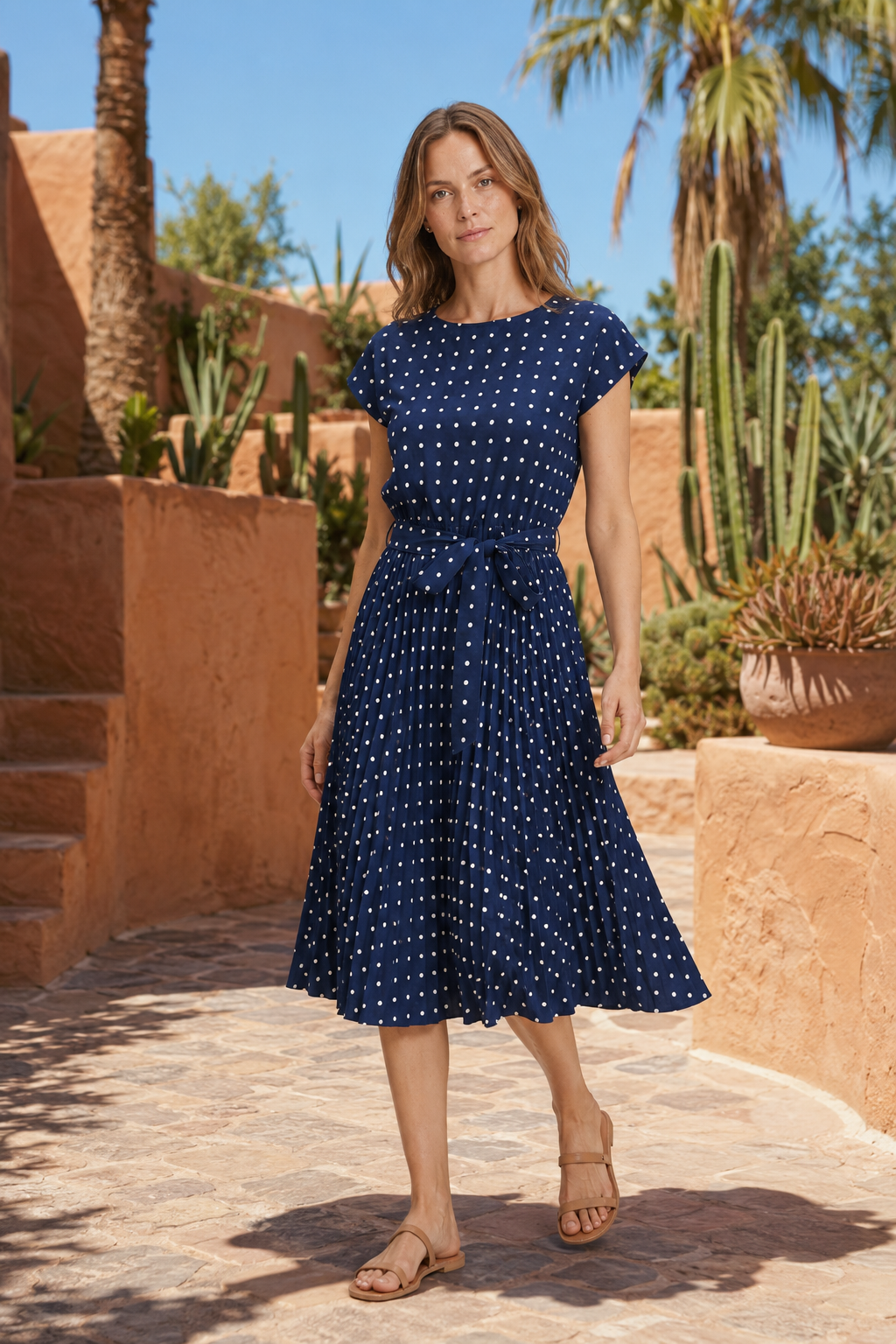 NOMU | Women's Polka Dot Midi Dress – Short Sleeve Tie Waist Pleated Design