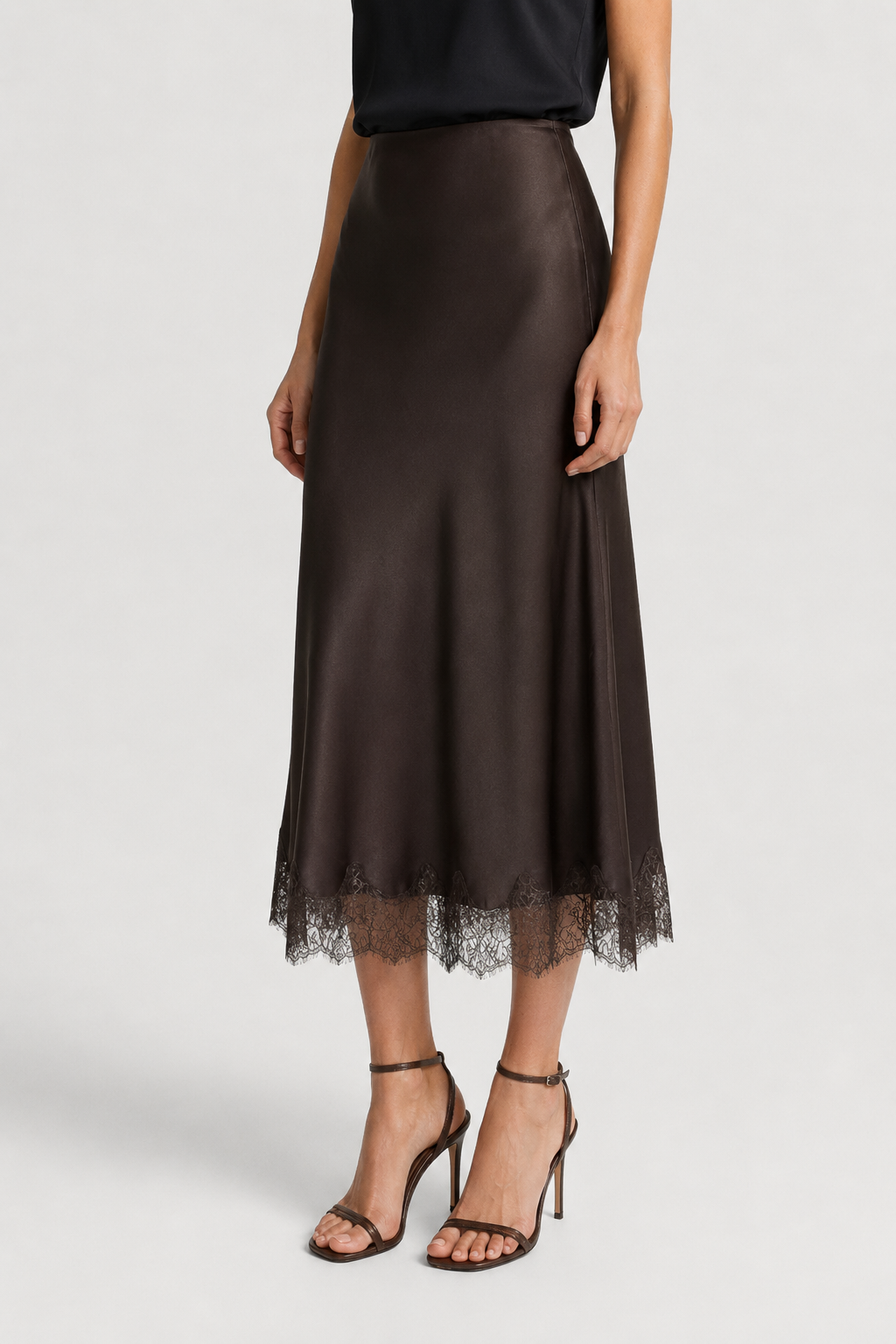 NOMU | Women's Satin Midi Skirt – Elegant Lace Trim Slip Skirt