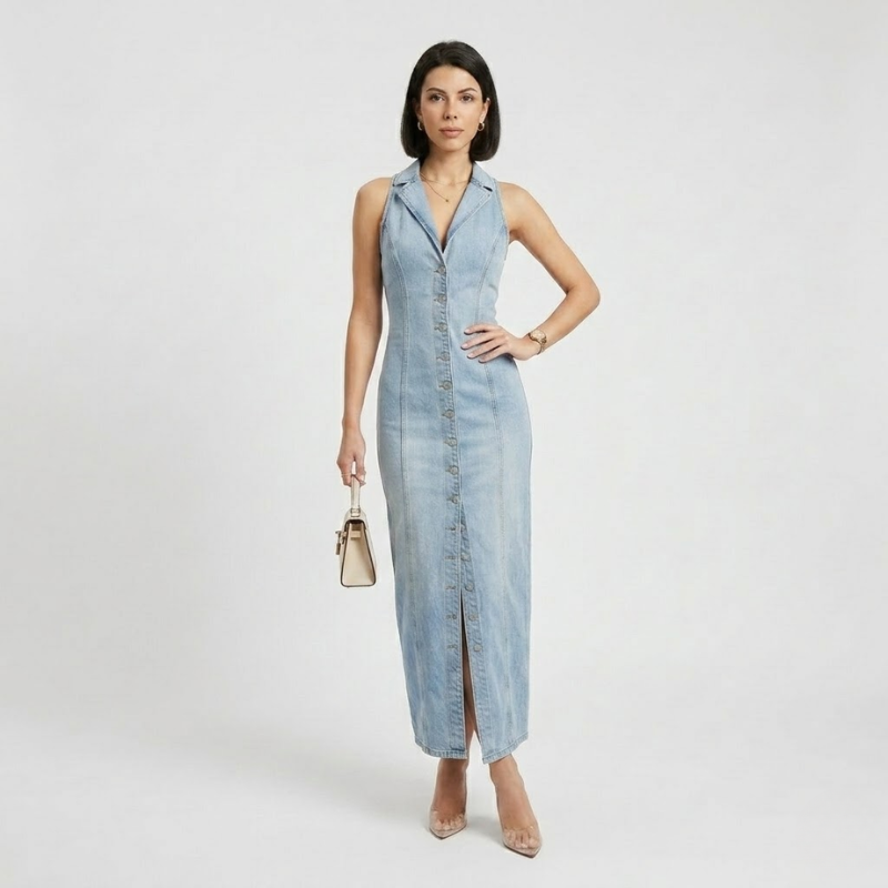 NOMU | Women's Denim Midi Dress – Sleeveless Button Front Fitted Design
