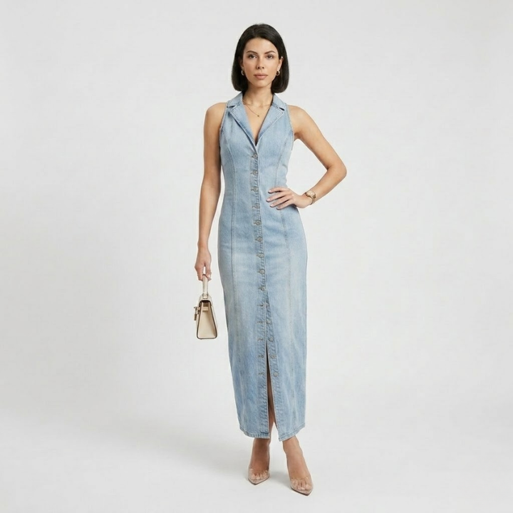 NOMU | Women's Denim Midi Dress – Sleeveless Button Front Fitted Design