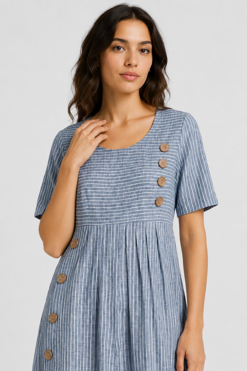 NOMU | Women's Striped Button Detail Midi Dress – Casual Short Sleeve Linen Look Dress