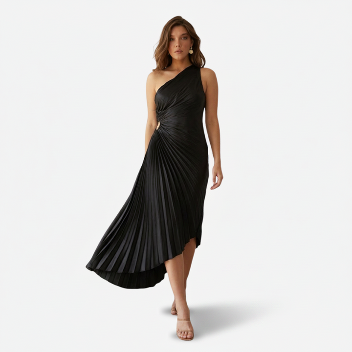 NOMU | Women's One-Shoulder Pleated Midi Dress – Elegant Asymmetrical Evening Dress