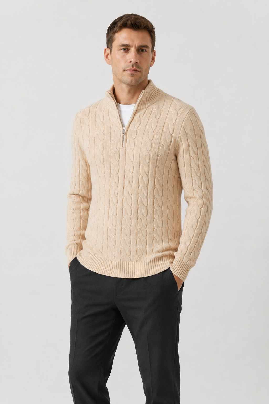 NOMU | Men's Cable Knit Quarter Zip Sweater – Classic Ribbed Pullover