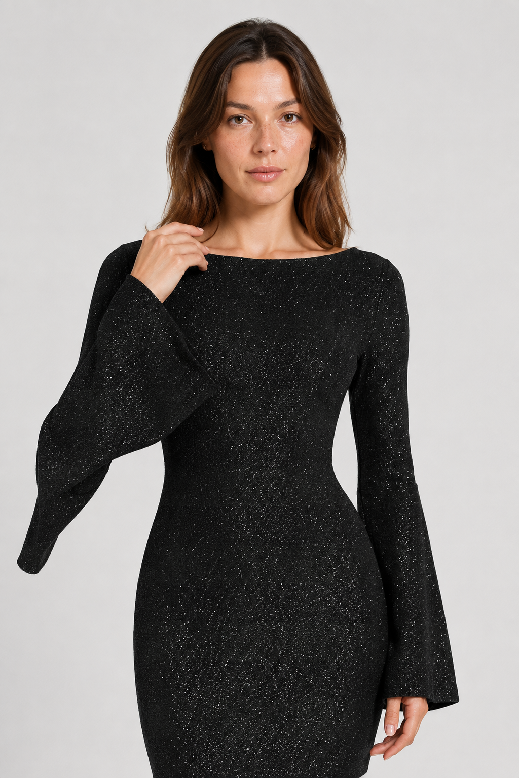 NOMU | Women's Glitter Mini Dress – Long Sleeve Bell Sleeve Bodycon Design