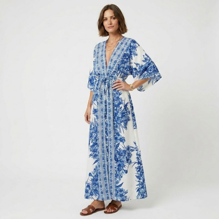 NOMU | Women's Printed Maxi Dress – V Neck Kimono Sleeve Tie Waist Relaxed Design