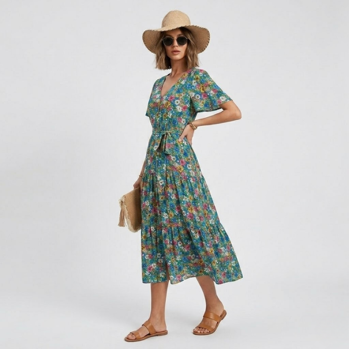 NOMU | Women's Floral Midi Dress – V Neck Short Sleeve Tie Waist Design