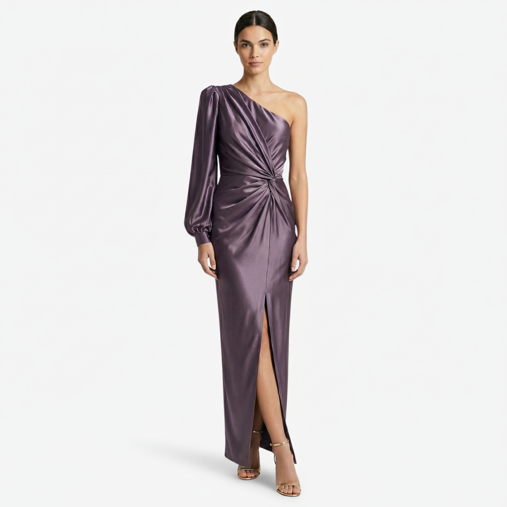 NOMU | Women's One-Shoulder Satin Maxi Dress – Elegant Long Sleeve Evening Dress