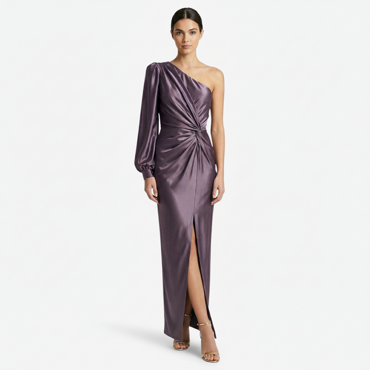 NOMU | Women's One-Shoulder Satin Maxi Dress – Elegant Long Sleeve Evening Dress
