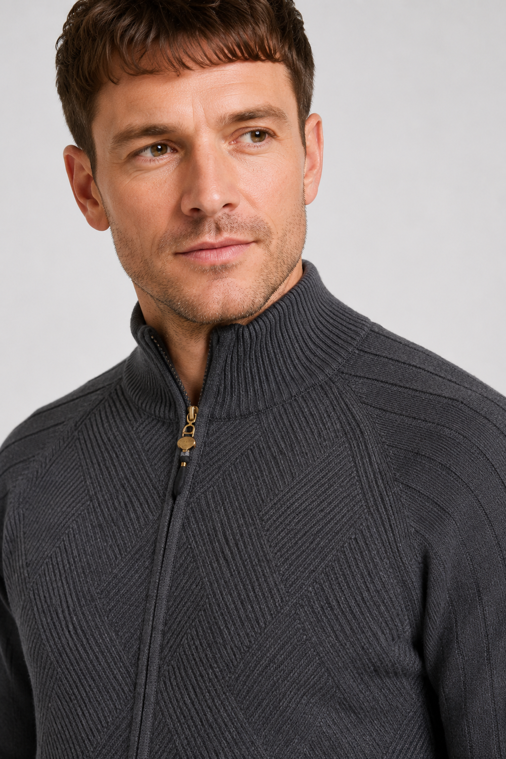 NOMU | Men's Zip-Up Knit Sweater Jacket – Textured Stand Collar Cardigan