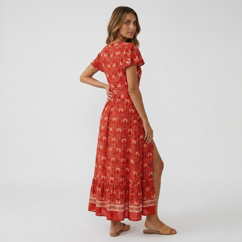 NOMU | Women's Printed Midi Dress – V Neck Short Sleeve Wrap Style Side Slit Design