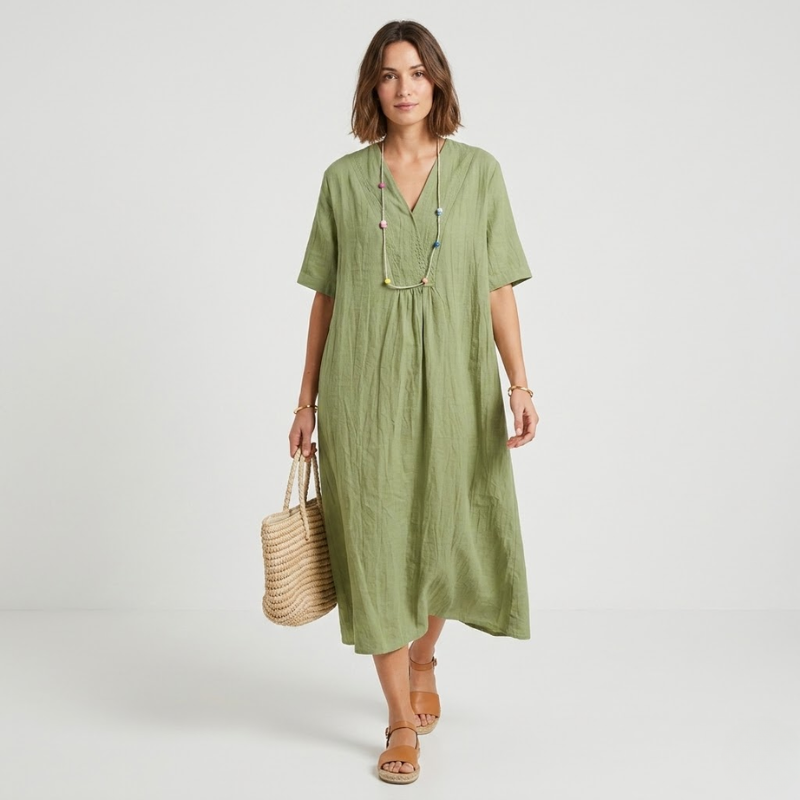 NOMU | Women's Casual Linen Dress – V-Neck Short Sleeve Loose Fit
