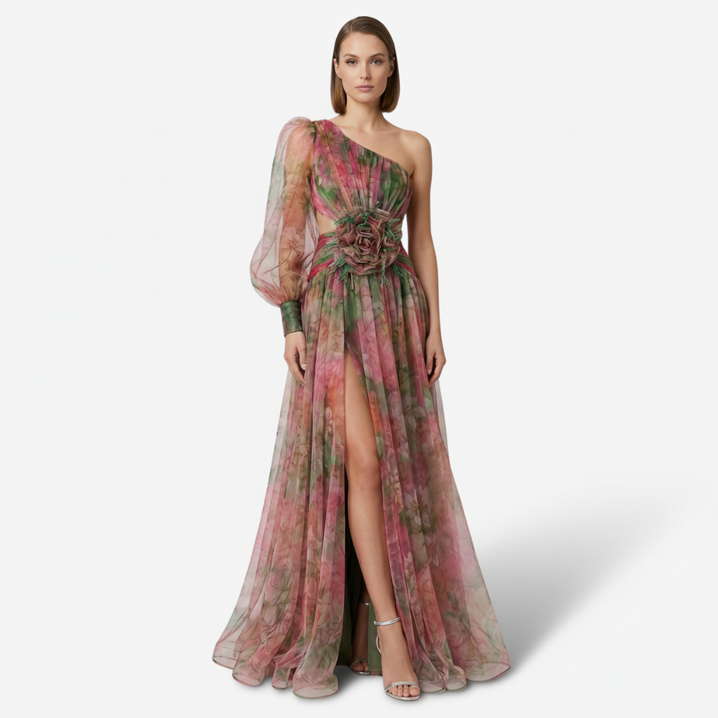 NOMU | Women's Floral One-Shoulder Evening Gown – Elegant High Slit Maxi Dress