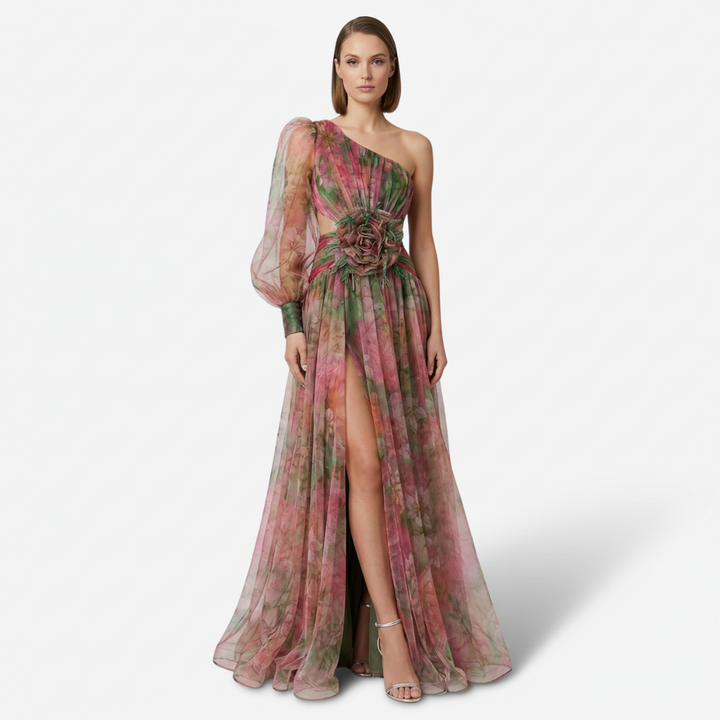 NOMU | Women's Floral One-Shoulder Evening Gown – Elegant High Slit Maxi Dress