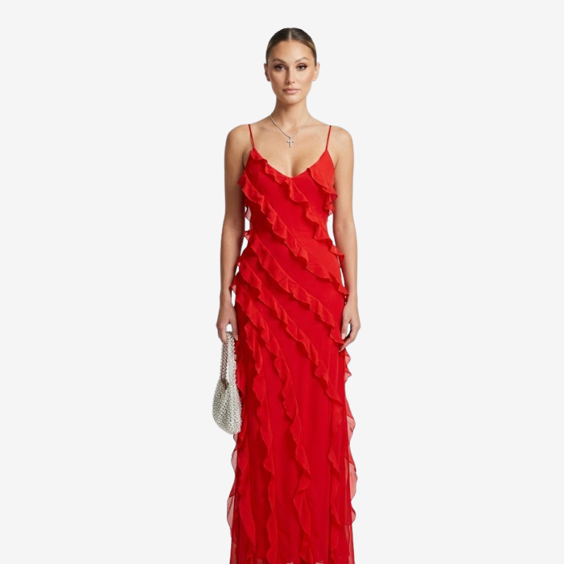 NOMU | Women's Sheer Ruffle Maxi Dress – Elegant Spaghetti Strap Evening Party Dress