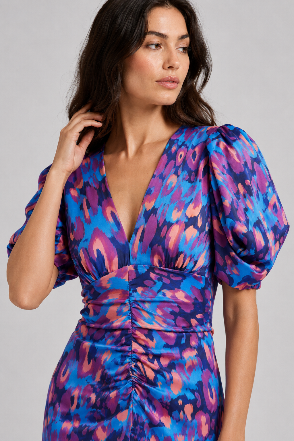 NOMU | Women's Abstract Print Ruched Midi Dress – Elegant Puff Sleeve Bodycon Dress