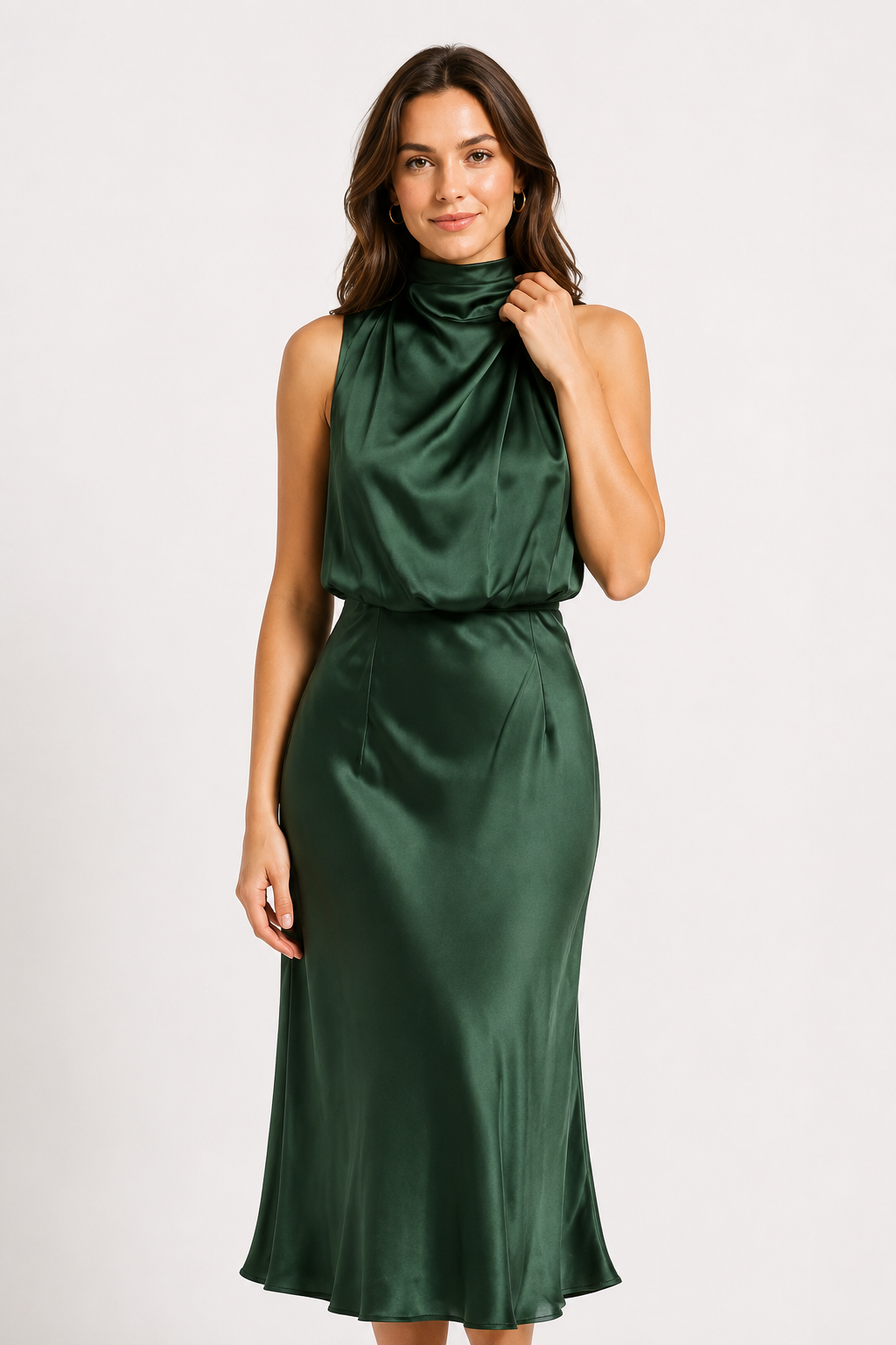 NOMU | Women's Satin High Neck Midi Dress – Elegant Sleeveless Evening Slip Dress
