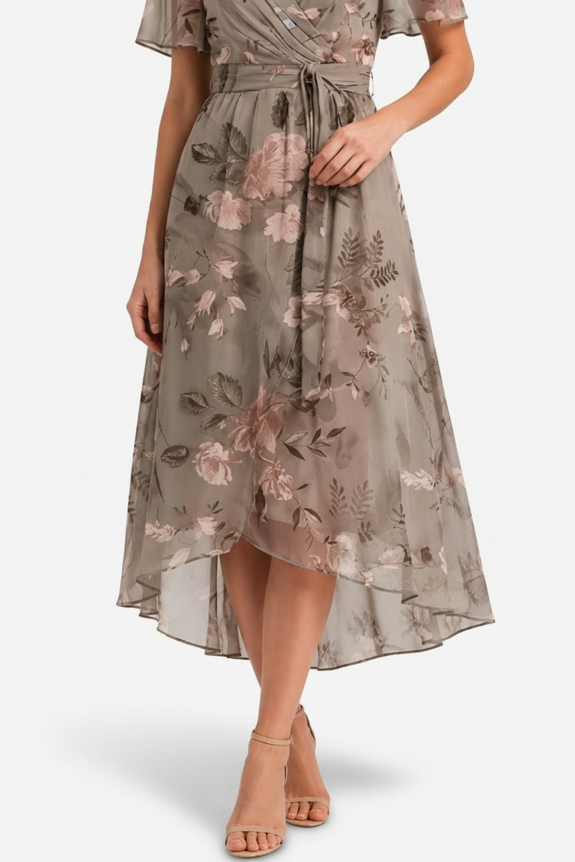 NOMU | Women's Floral Midi Dress – V Neck Flutter Sleeve Tie Waist Wrap Design