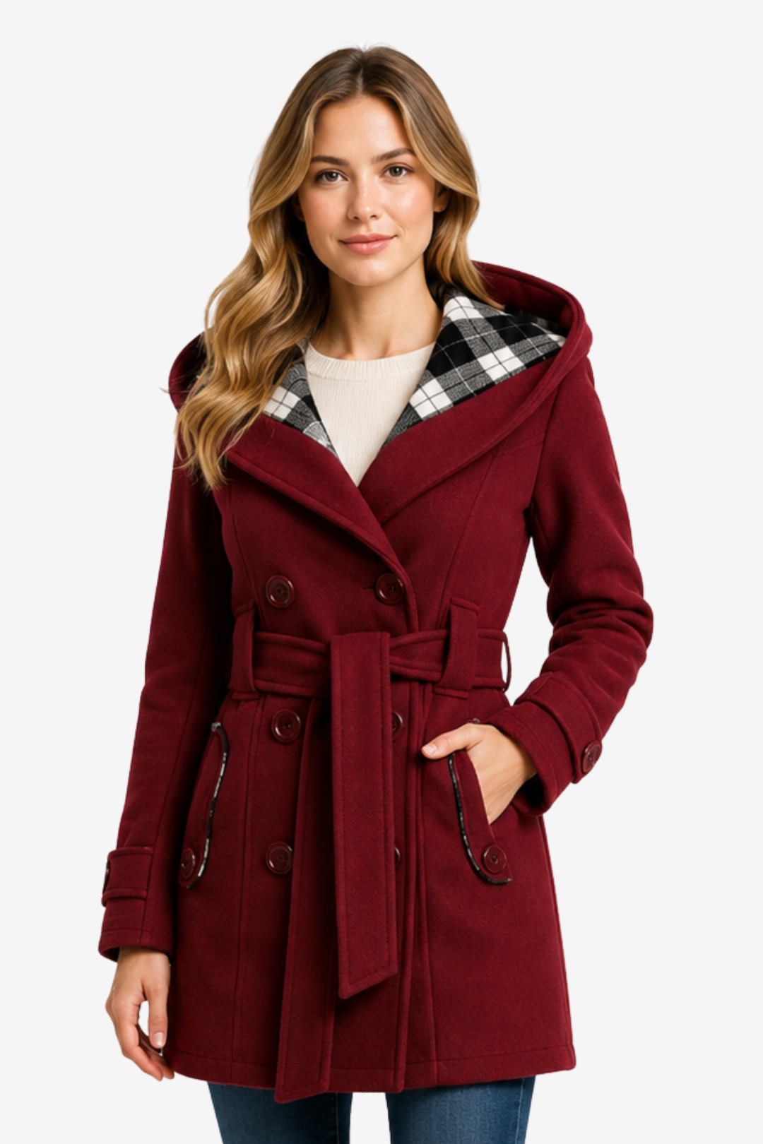 NOMU | Women's Hooded Trench Coat – Double Breasted Belted Design