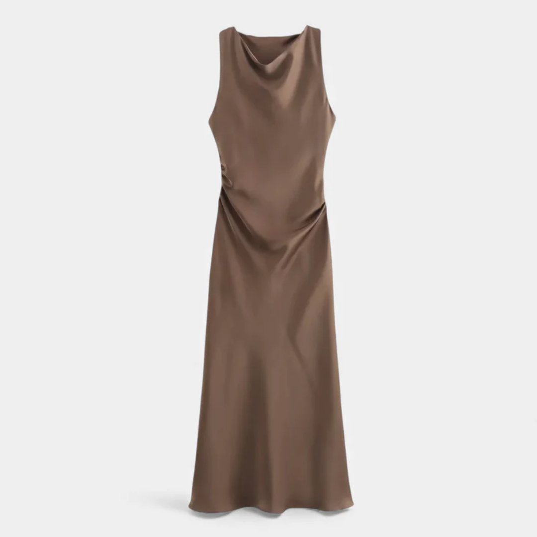 NOMU | Women's Satin Sleeveless Midi Dress – Elegant Draped Evening Slip Dress