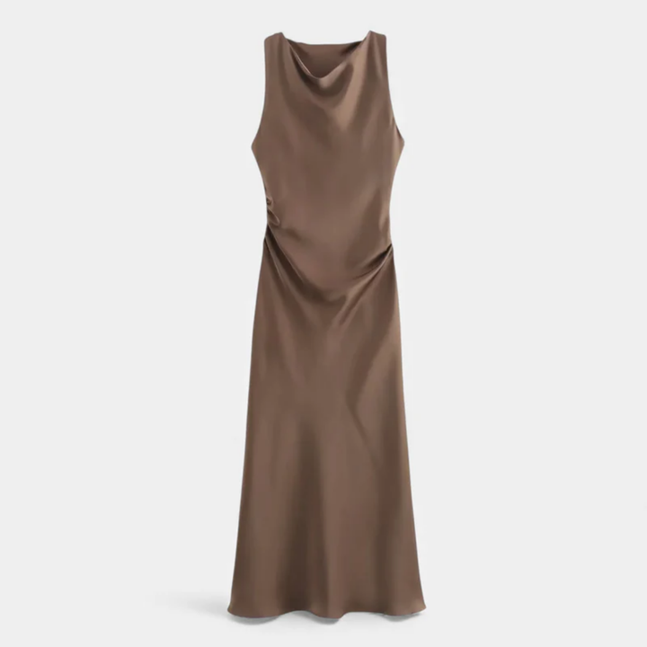 NOMU | Women's Satin Sleeveless Midi Dress – Elegant Draped Evening Slip Dress