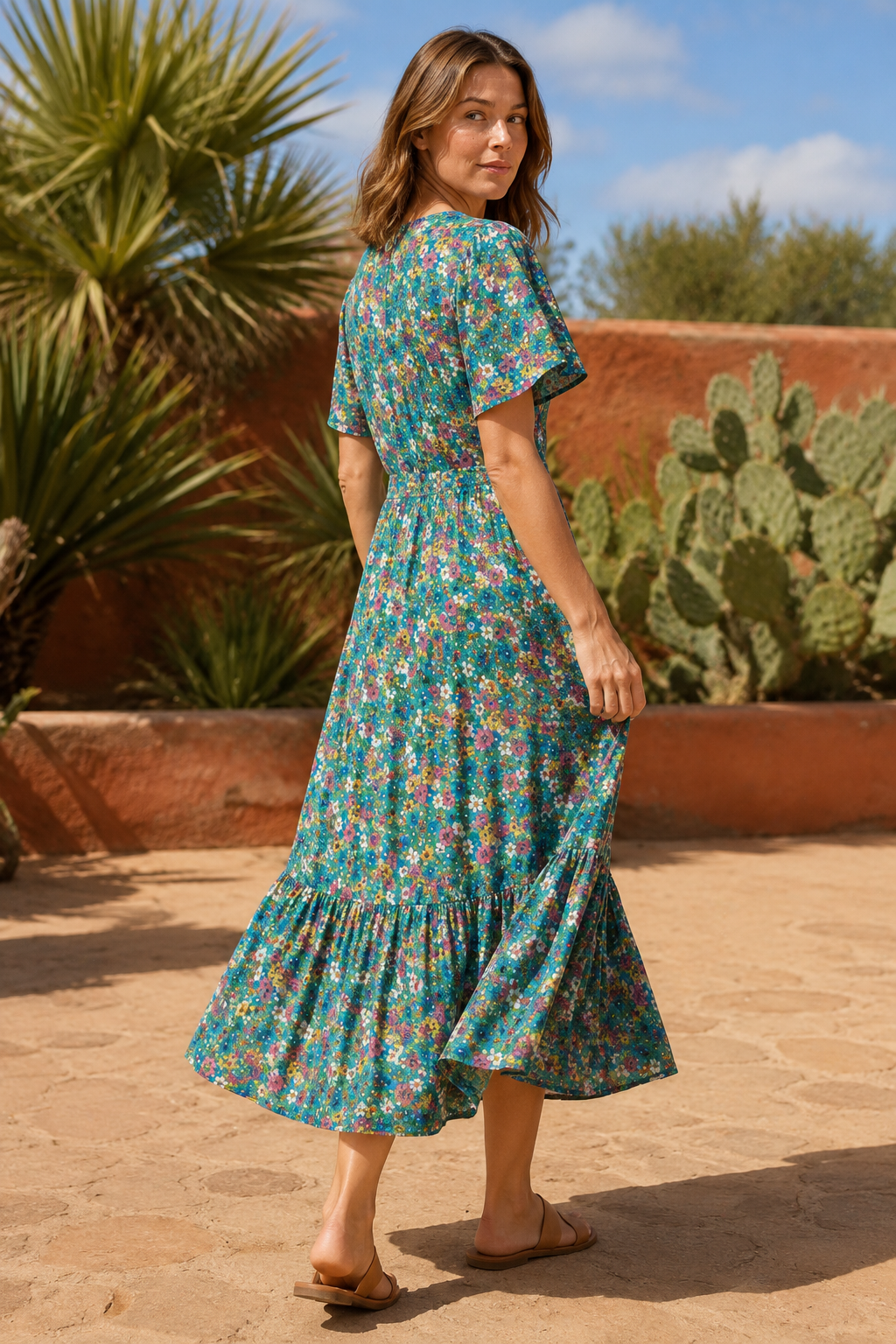 NOMU | Women's Floral Midi Dress – V Neck Short Sleeve Tie Waist Design
