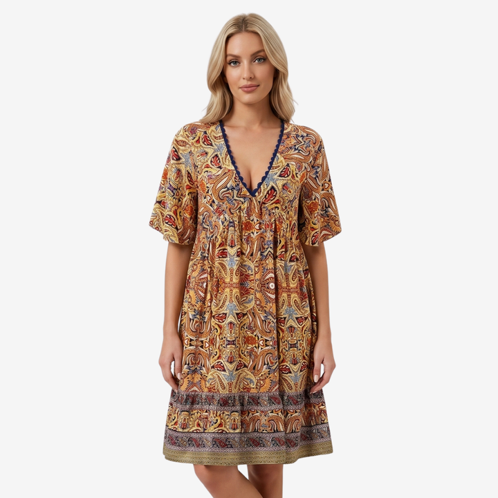 NOMU | Women's Printed Mini Dress – V Neck Short Sleeve Loose Fit Design