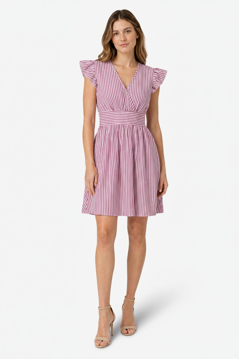 NOMU | Women's Striped Mini Dress – Ruffle Sleeve Smocked Waist Design