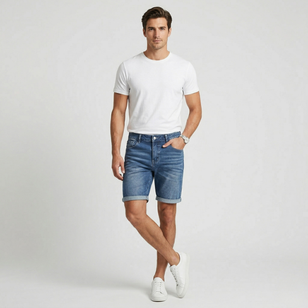 NOMU | Men's Slim Fit Denim Shorts – Casual Rolled Hem Stretch Jean Shorts