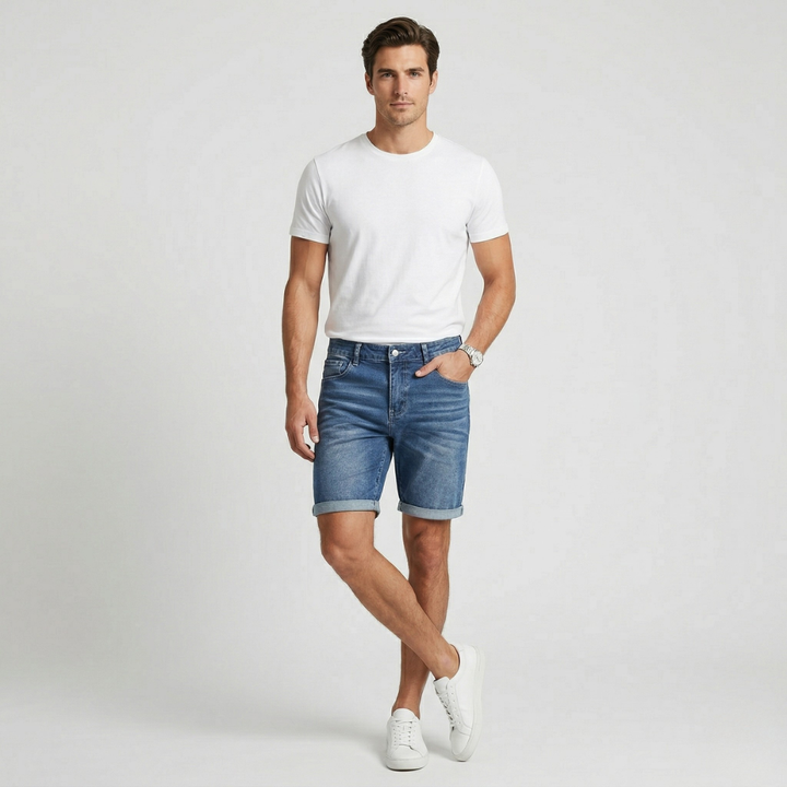 NOMU | Men's Slim Fit Denim Shorts – Casual Rolled Hem Stretch Jean Shorts