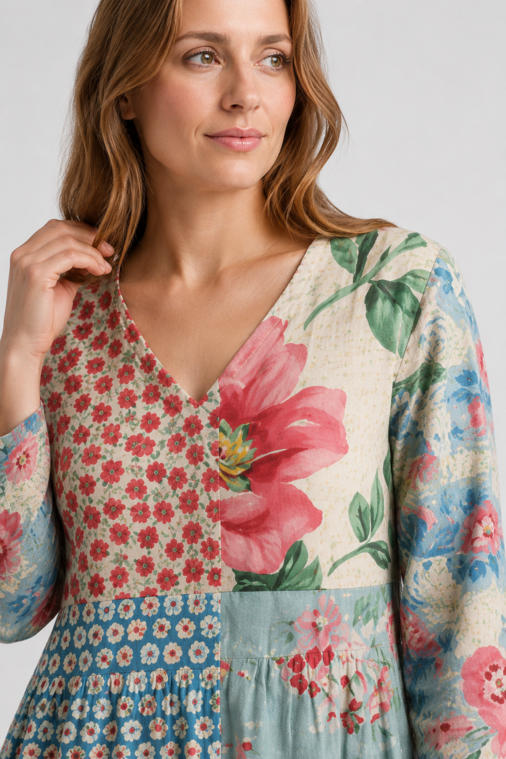 NOMU | Women's Patchwork Midi Dress – Long Sleeve V Neck Relaxed Fit Design