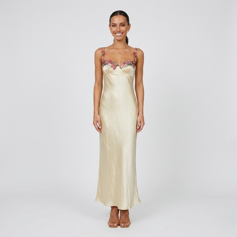 NOMU | Women's Satin Maxi Dress – Sleeveless Floral Strap Fitted Slip Design
