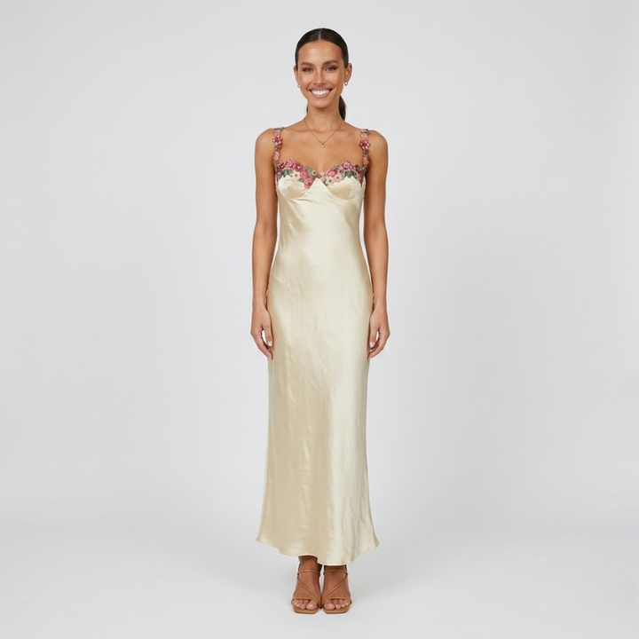 NOMU | Women's Satin Maxi Dress – Sleeveless Floral Strap Fitted Slip Design