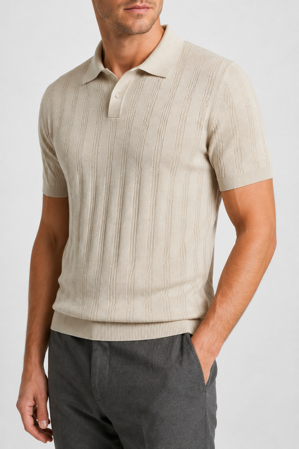NOMU | Men’s Textured Vertical Stripe Knit Polo Shirt