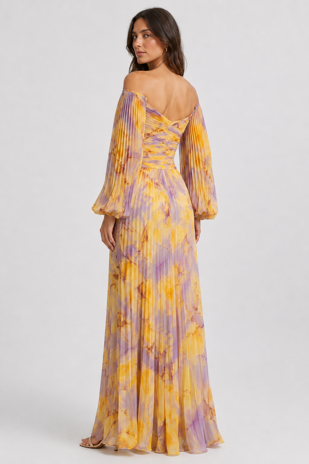 NOMU | Women's Off Shoulder Maxi Dress – Ruched Long Sleeve Split Hem Design