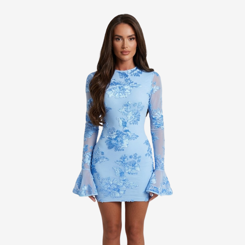 NOMU | Women's Floral Mesh Mini Dress – Elegant Long Sleeve Bodycon Party Dress