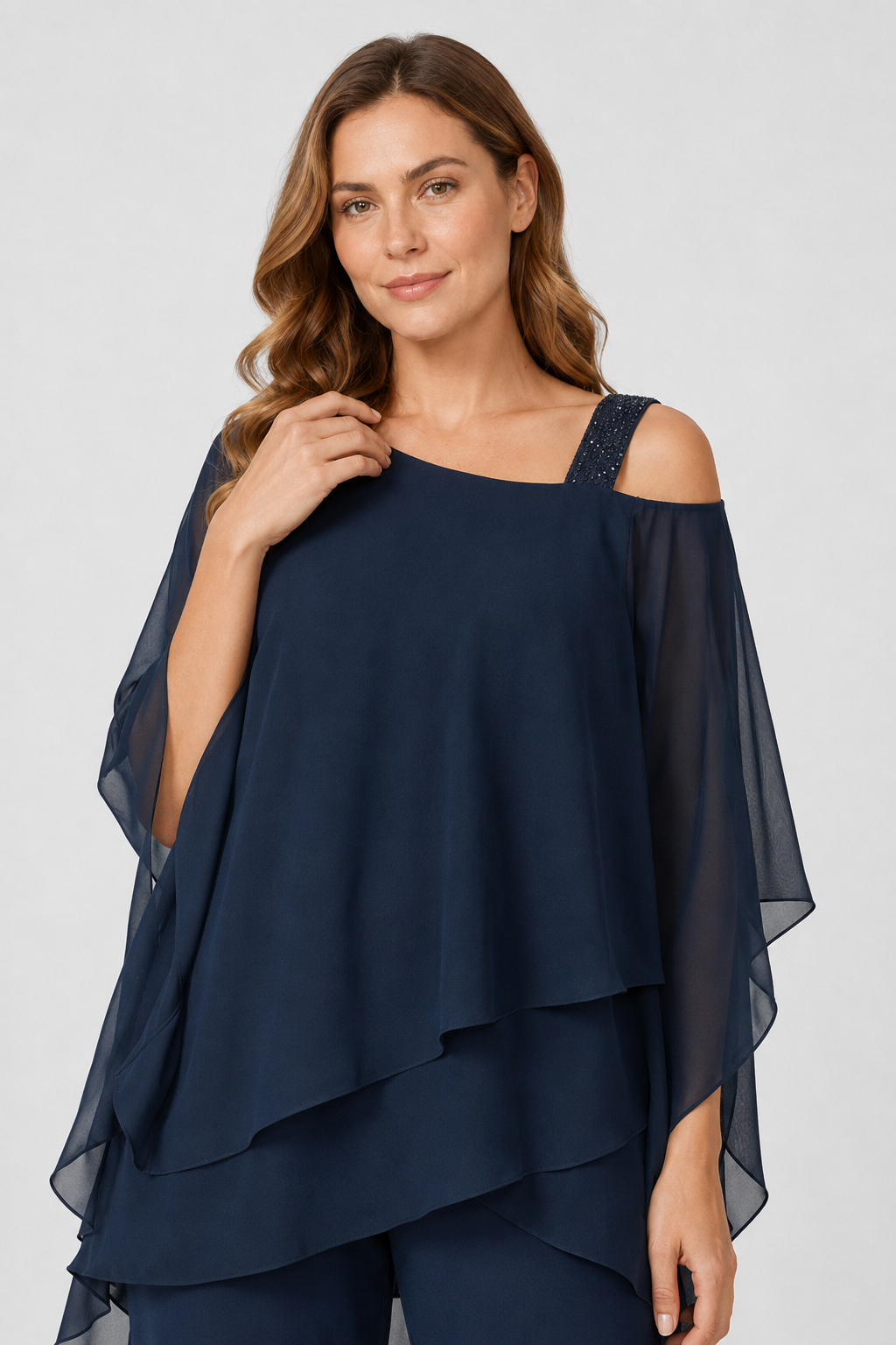NOMU | Women's Elegant Chiffon Overlay Pant Set – Flowing Evening Two-Piece Outfit