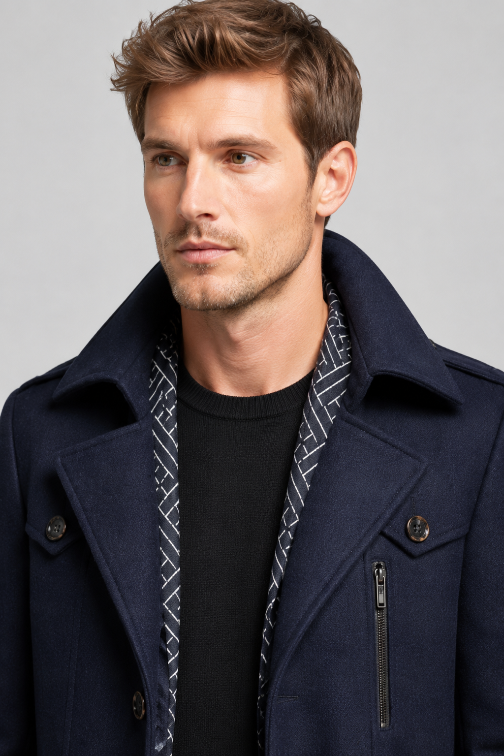 NOMU | Men's Wool Blend Military Overcoat – Tailored Button Front Coat